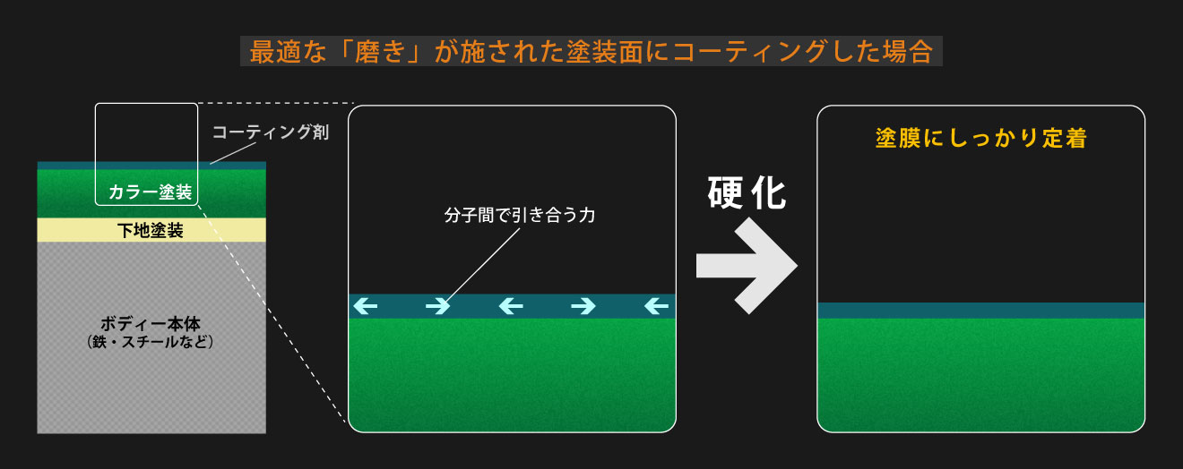 下地の模式図：最適な「磨き」が施された塗装面にコーティングした場合