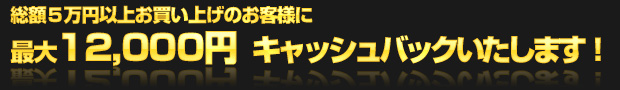 総額５万円以上お買い上げのお客様にその場でなんと最大１２，０００円キャッシュバックいたします
