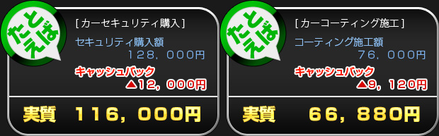 例えばカーセキュリティ購入で、セキュリティ購入額１２８，０００円＋キャッシュバック ▲１２，０００円で、なんと実質１１６，０００円