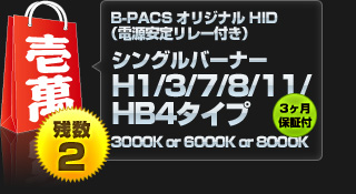 【壱萬円福袋】B-PACSオリジナルHID シングルバーナー H1/H3/H7/H8/H11/HB4タイプ（3000K, 6000K, 8000K のいずれか）（電源安定リレー付き）3ヶ月保証付き！【残り2セット】