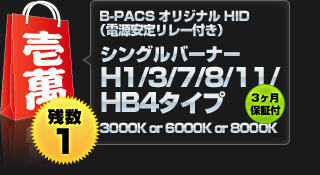 【壱萬円福袋】B-PACSオリジナルHID シングルバーナー H1/H3/H7/H8/H11/HB4タイプ（3000K, 6000K, 8000K のいずれか）（電源安定リレー付き）3ヶ月保証付き！【残数1】