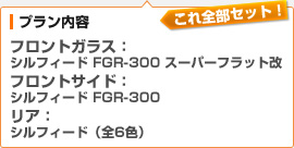 （プラン内容）フロントガラス：シルフィード FGR-300 スーパーフラット改 / フロントサイド：シルフィード FGR-300 / リア：シルフィード（全6色）