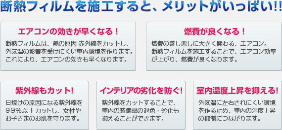 断熱フィルムを施工すると、メリットがいっぱい!! エアコンの効きが早くなる！燃費が良くなる！紫外線もカット！インテリアの劣化を防ぐ！室内温度上昇を抑える！